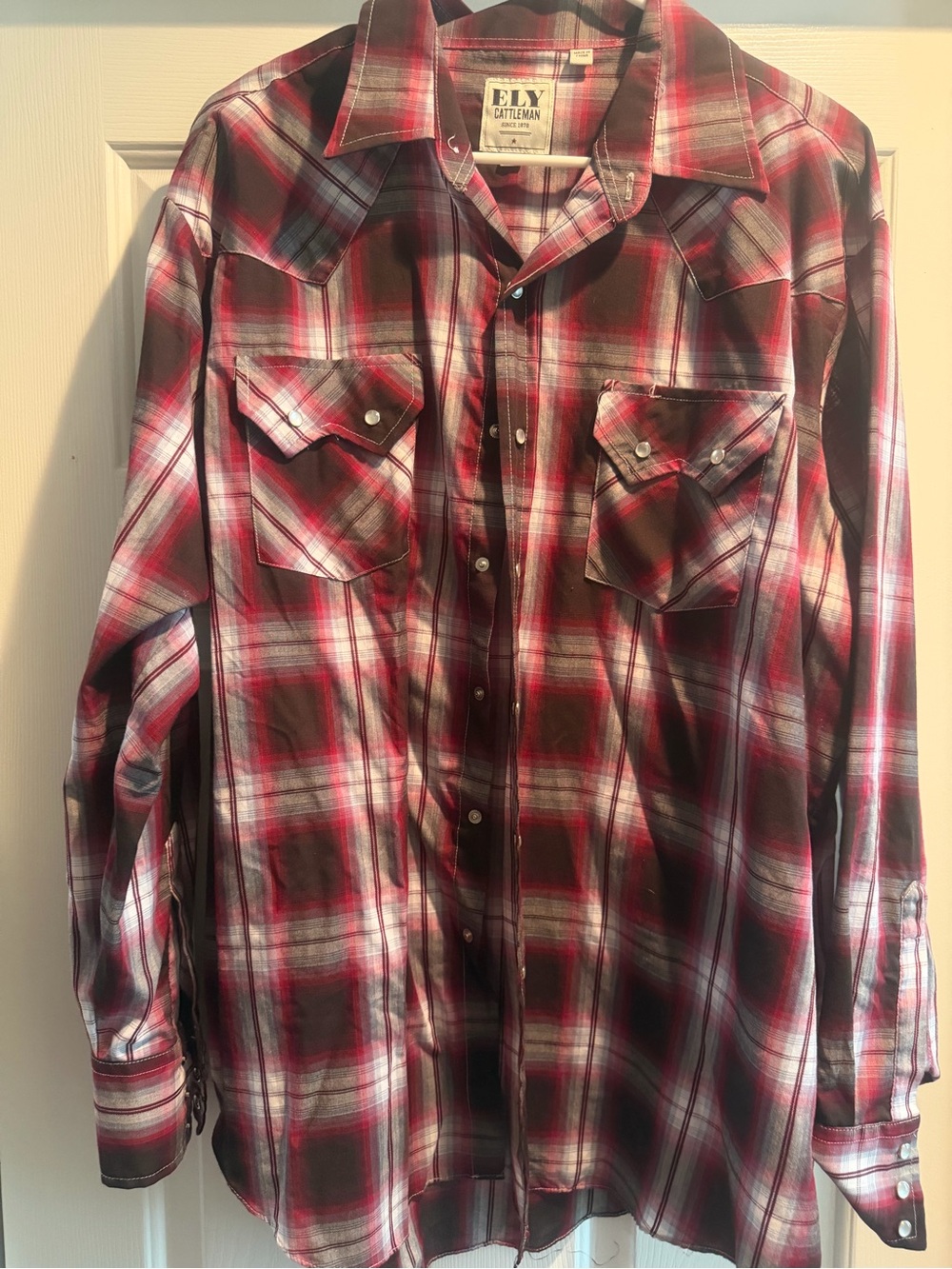 Ely Cattleman Red and White Plaid Western Snap Shirt